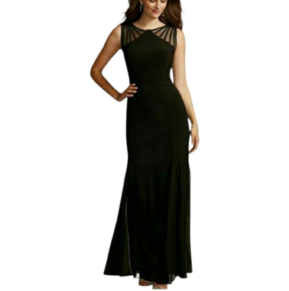 R&M Richards Strappy Illusion Evening Gown Black Godet Hem  Size 10